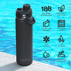 ThermoProof Double-Walled Vacuum Insulated Stainless Steel Water Bottle - Wide Mouth with Chug & Spout Lids, Dishwasher Safe, Reusable, Leakproof, Hot & Cold for Men, Women & Kids - 22oz, Black
