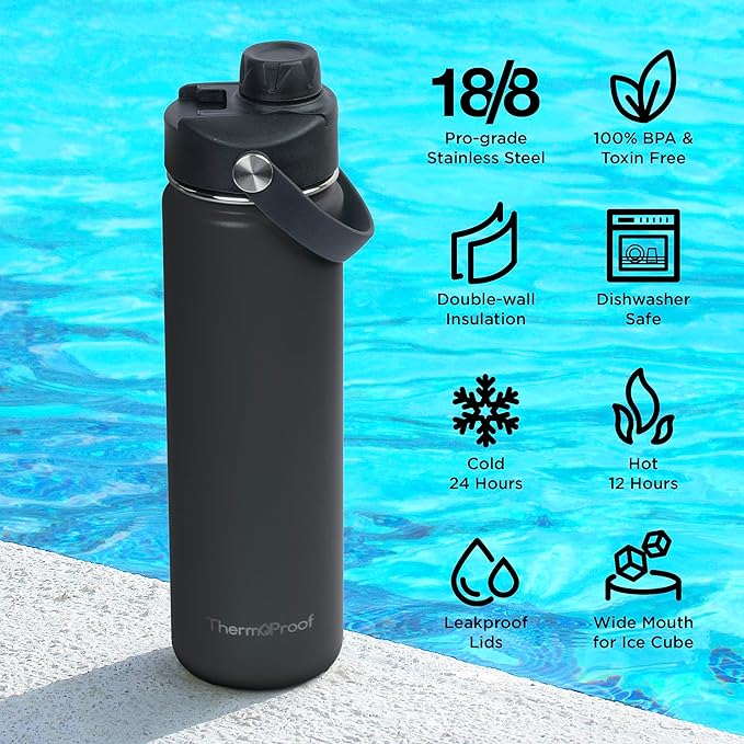 ThermoProof Double-Walled Vacuum Insulated Stainless Steel Water Bottle - Wide Mouth with Chug & Spout Lids, Dishwasher Safe, Reusable, Leakproof, Hot & Cold for Men, Women & Kids - 22oz, Black