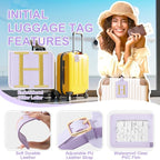 Personalized Initial Luggage Tags for Suitcase, Purple Leather Cute Luggage Tags with Privacy Cover Name Card, Embroidered Custom Monogrammed Luggage Tag Travel Backpack Tags Gifts for Women Kids(H)