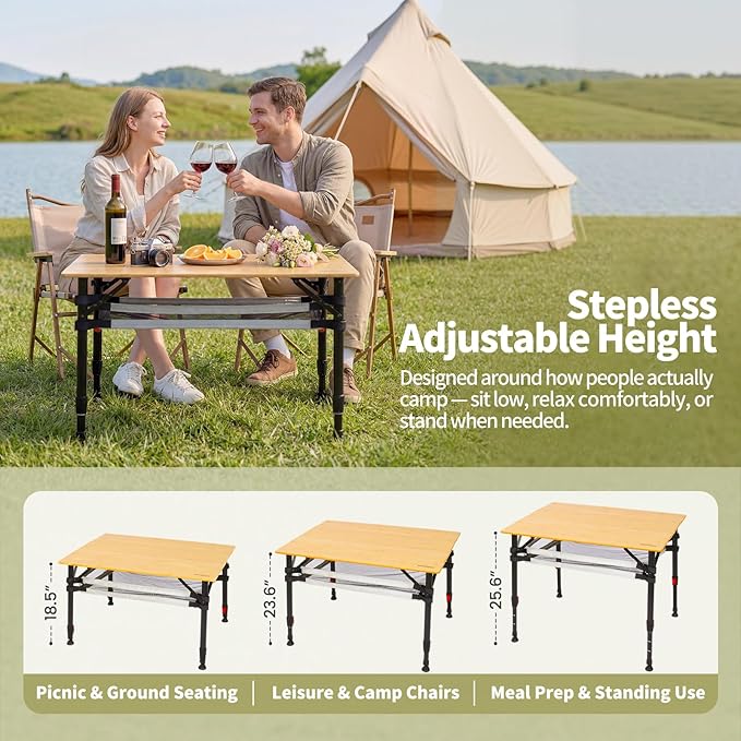 Join Nature Bamboo Camping Table, Adjustable Height Folding Outdoor Table with Aluminum Frame, Portable Camp Table with Carry Bag for Camping, RV, Picnic & Tailgating