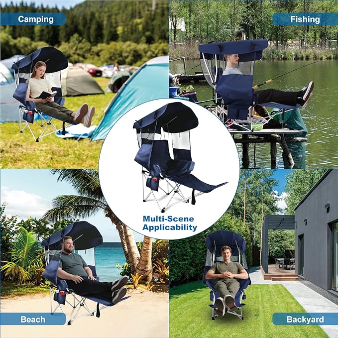 Folding Camping Chairs Canopy Outdoor: Sports Portable Beach Chair with Canopy-Lawn Beach Chairs with Umbrella for Adults-Camping Chair with Shade for Fishing Camp Heavy Duty (Casual, Navy Blue)