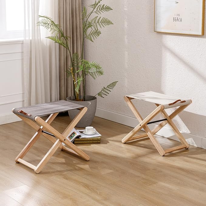 Wood Folding Camping Stools Set of 2, 18.5" Hardwood Portable Fishing Folding Stool with Heavy Duty Metal Support Canvas Camp Stool Foldable Footstool for Outdoor Hiking Picnic BBQ, Beige