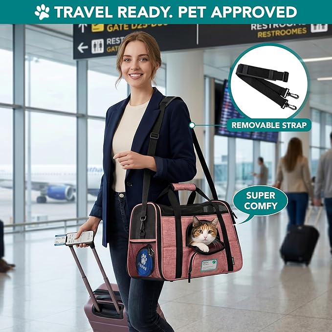 PetAmi Airline Approved Pet Carrier for Cats & Small Dogs, Soft Sided TSA Travel Carrier Bag with Sherpa Bed, Breathable Mesh Ventilation, Collapsible Bowl, Up to 18 lbs, Small Heather White Red