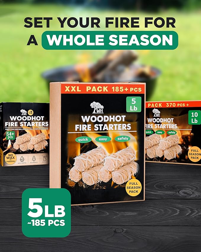WH 185 pcs Natural Fire Starters for Campfires & Grill - 5lb Large Box - Long-Burning Charcoal Starters - Odorless Firestarters for Outdoor Fire Pit, Fireplace - Quick Ignite