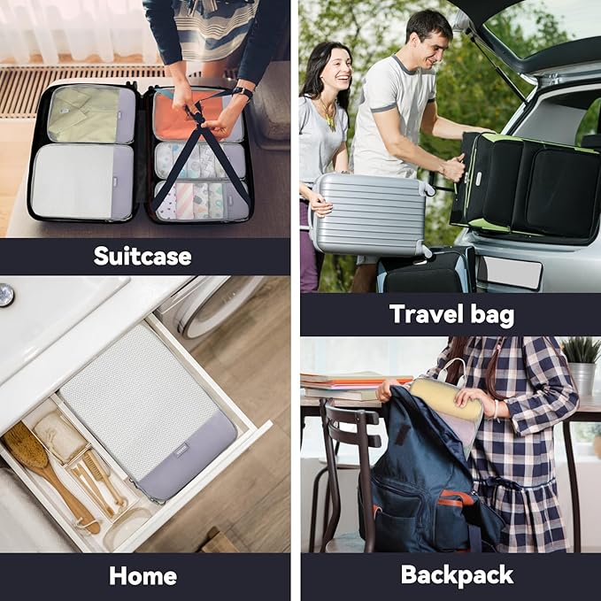 Voova 6 Set Compression Packing Cubes, Travel Accessories Expandable Packing Organizer Bags Set for Carry on Suitcase, Durable Luggage Packing Cubes for Travel Essentials,Grey