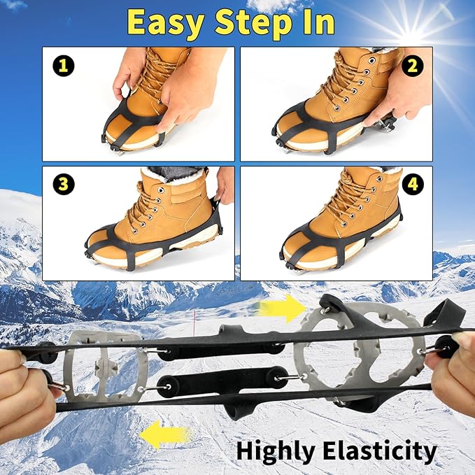 Ice Cleats, Upgraded Snow Grips 18 Stainless Steel Spikes Crampons, Strong Traction Anti-Slip, Walking Hiking on Ice & Snow Ground, Mountain Climbing, for Shoes Boots