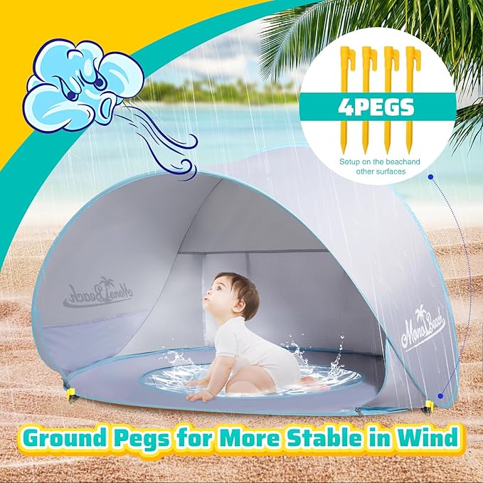 Monobeach Baby Beach Tent Pop Up Portable Shade Pool UPF50+ UV Protection Sun Shelter for Infant with Easy Set Up Canopy (Silver Beach Tent)