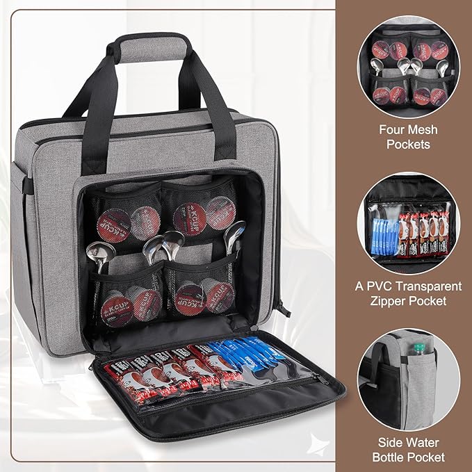 Anitor Portable Carrying Coffee Maker Travel Bag Match for Keurig K-Slim/K-Iced Plus, Single Serve Coffee Machine Travel Bag with Padded Shoulder Straps Includes Multiple Storage Bags, Grey