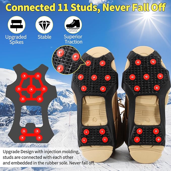 Non-Slip Ice Cleats Snow Grips, Strong Traction Crampons 11 Steel Studs, for Shoes and Boots, Snow Ice Walking