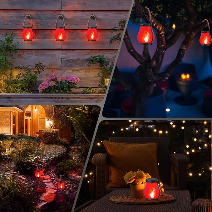 Hompavo Gen2 Solar Lanterns Outdoor Waterproof with Realistic Flickering Flame, Dual Charging (USB/Solar) & 2 Modes - Decorative Hanging/Table Lights for Patio Garden Porch Halloween Decor, 2/Red