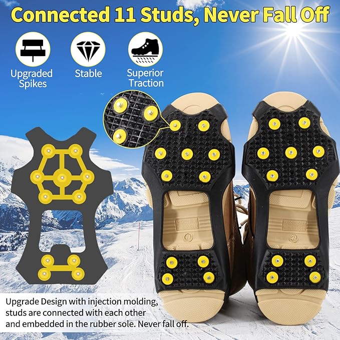 Non-Slip Ice Cleats Snow Grips, Strong Traction Crampons 11 Steel Studs, for Shoes and Boots, Snow Ice Walking
