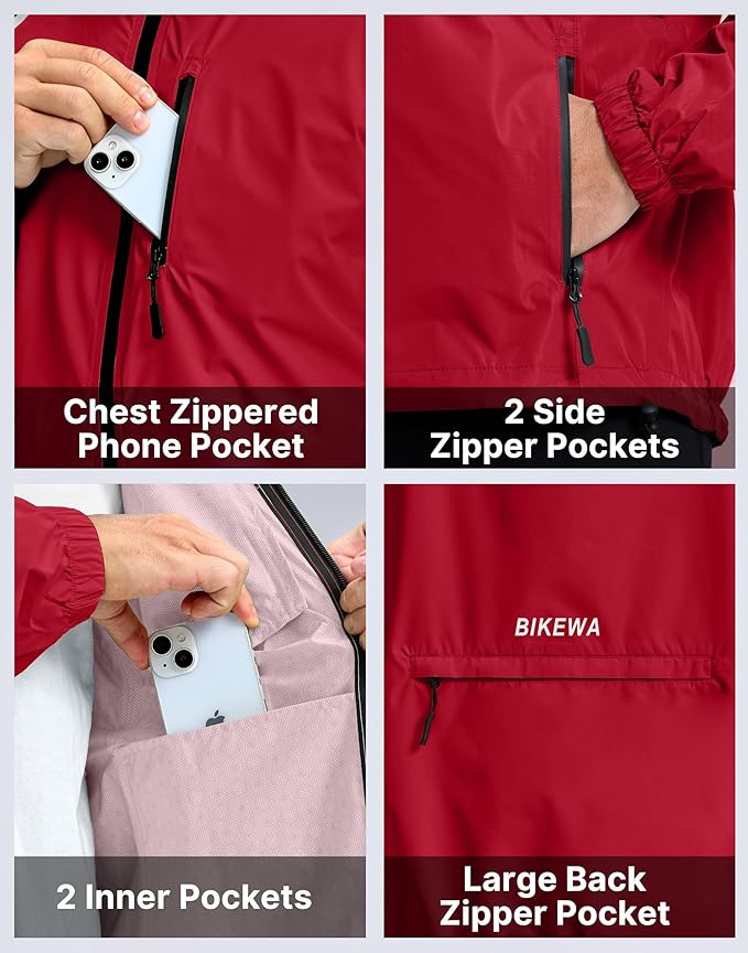 Men's Cycling Rain Jackets Waterproof Running Bike Windbreaker Lightweight Packable Hooded Jacket