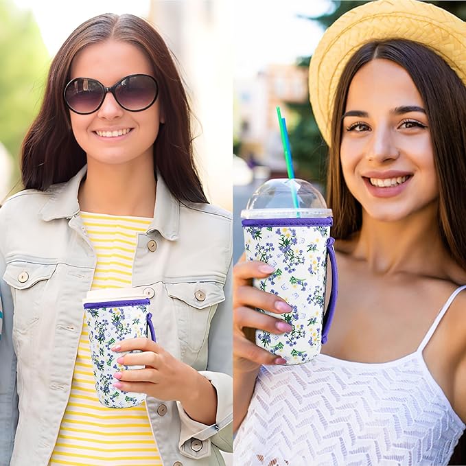 KJQJLY 3 Pac Reusable Iced Coffee Sleeves for Iced Coffee Cups or Drinks Reusable Neoprene Insulated Sleeves for Hot and Cold Drinks from Starbucks, Dunkin, And More (Little Orchid)