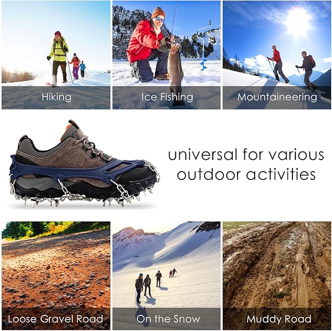 Crampons Ice Cleats Traction Snow Grips for Boots Shoes Women Men Anti Slip 19 Stainless Steel Spikes Safe Protect for Hiking Fishing Walking Climbing Mountaineering