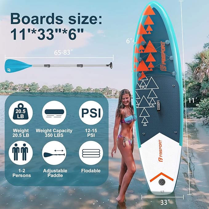 FBSPORT 11' Premium Stand Up Paddle Board, Yoga Board with Durable SUP Accessories & Carry Bag | Wide Stance, Surf Control, Non-Slip Deck, Leash, Paddle and Pump for Youth & Adult