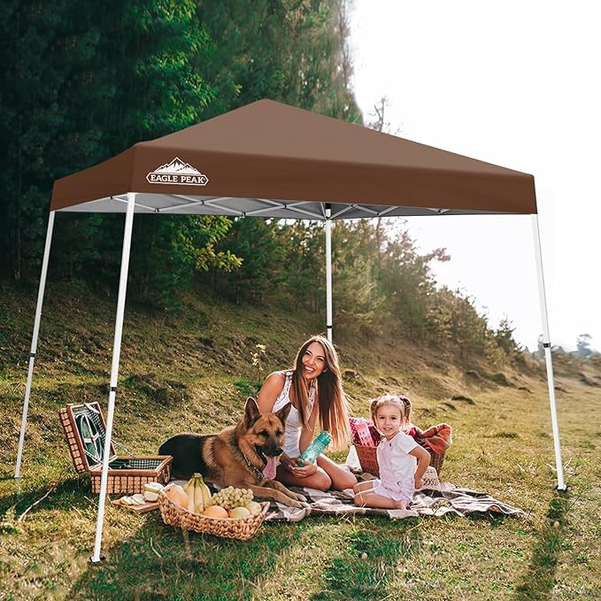 EAGLE PEAK 10x10 Slant Leg Pop-up Canopy Tent Easy One Person Setup Instant Outdoor Beach Canopy Folding Portable Sports Shelter 10x10 Base 8x8 Top (Dark Brown)