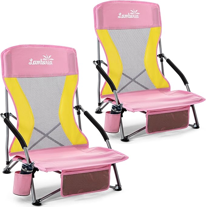 Lamberia Folding Beach Chair for Adults 2 Pack, Portable Low Beach Chairs with 300lbs Capacity, Lightweight Fodable Camping Chair for Travel, Picnic, Concert & Outdoor Activities,Pink-Yellow