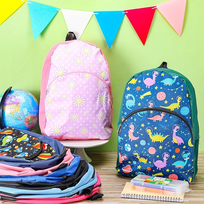 12 Pack School Backpack Bulk 15'', Assorted Printed Bookbags for Boys Girls, Donations Supplies (Fun)