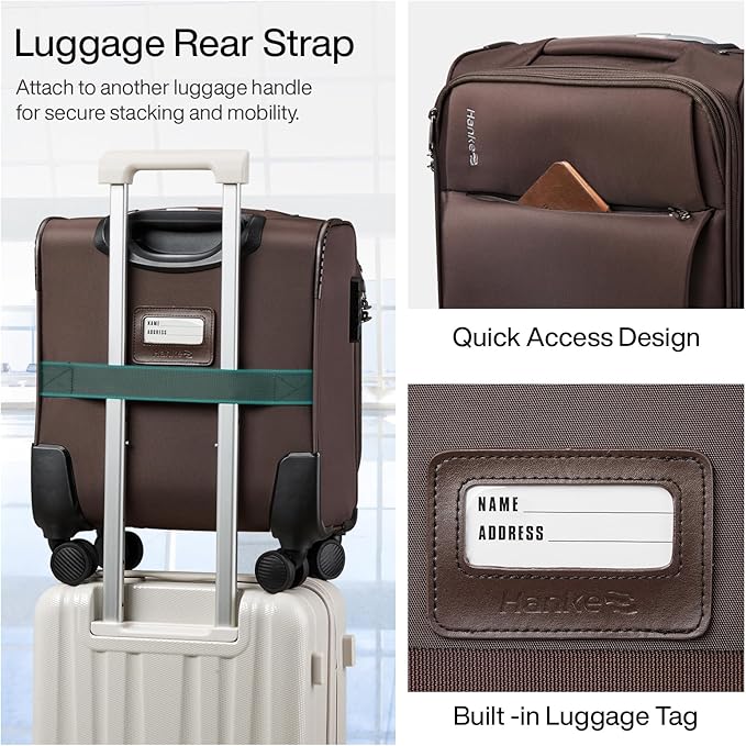 Hanke 16 Inch Underseat Carry On Luggage with Spinner Wheels for Airline, Small Softside TSA Approved Luggage Lightweight Rolling Suitcases Under Seat Travel Carry-On Bag(Coffee)