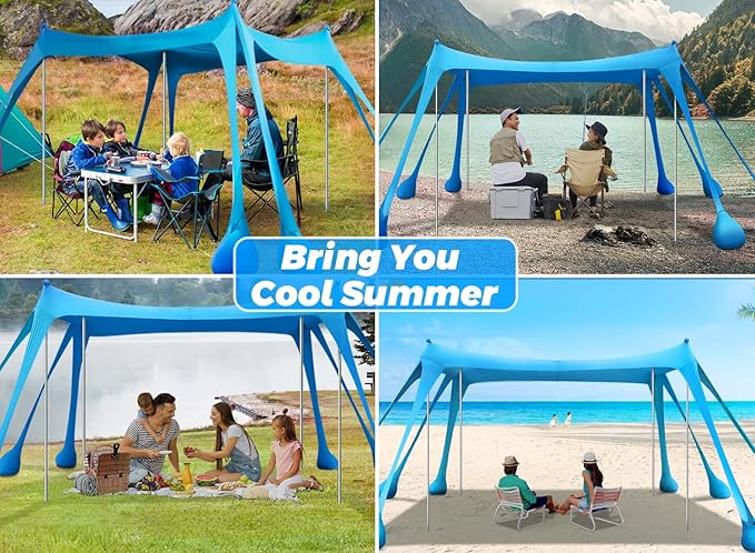 Beach Tent Sun Shelter & Portable Beach Canopy UPF50+ Uv Protection, Beach Shade Canopy/Cabana with 8 Sandbags, 4 Stability Poles, Sand Shovel Ground Pegs for Outdoor Camping