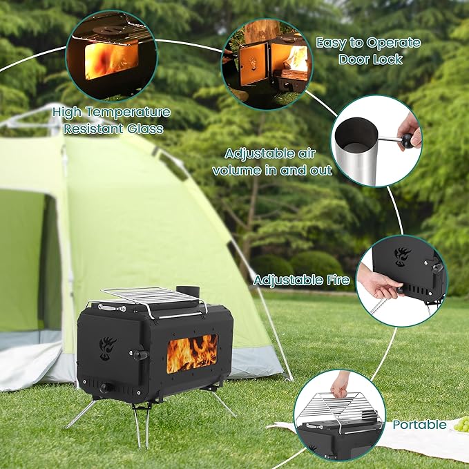 Gaomon Outdoor Portable Wood Stove, Tent Stove,Wood Burning Stove for Camping,Cast Iron Wood Stove,Tent Heaters for Camping, Includes Chimney Pipes ans View Glass,Ice-fishing, Cookout, Hiking, Travel
