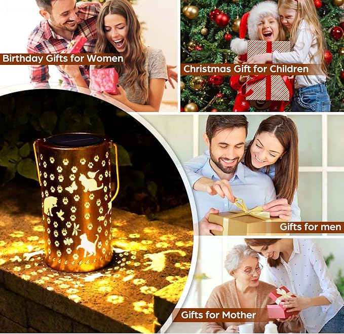 Cat Solar Lanterns Outdoor Waterproof Garden Decor Hanging Solar Lights Cute Cat Gifts for Women Mom Grandma, LED Decorative Light Fairy Garden Accessories,Outdoor Lantern for Patio,Yard,Lawn, Pathway