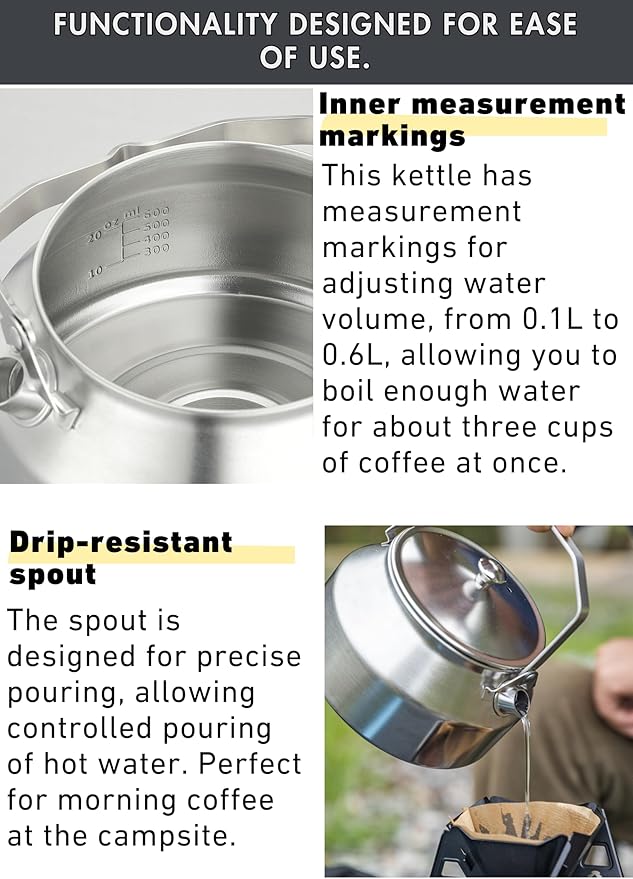 CAMPINGMOON 1L Campfire Kettle Seamless One-Piece Stainless Steel Wide Bottom Wide Spout Integrated Molding Camping Outdoor Water Boiler SW-1