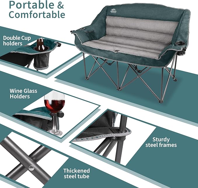 Fully Padded Folding Double Camping Chairs,Comfy Oversized Loveseat Lawn Chair w/Wine Glass Holder,Cup Holder,Heavy Duty Outdoor Portable Camp Couch Support 600 Lbs,Dark Green