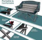 Fully Padded Folding Double Camping Chairs,Comfy Oversized Loveseat Lawn Chair w/Wine Glass Holder,Cup Holder,Heavy Duty Outdoor Portable Camp Couch Support 600 Lbs,Dark Green