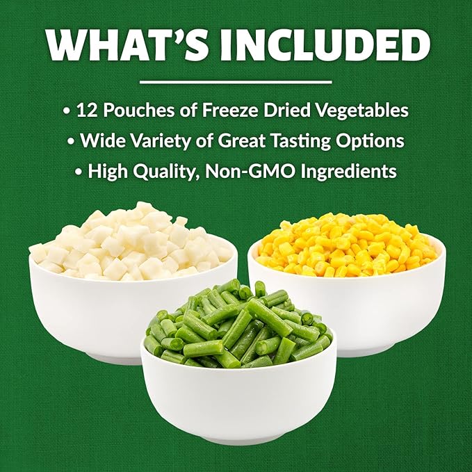 Freeze Dried Vegetable Bucket | 12 Pouches Premium Emergency Food Supply | Survival Food 25 Year Shelf Life | Camping Food, Backpacking Meals, Prepper Supplies | Valley Food Storage Packaged in USA
