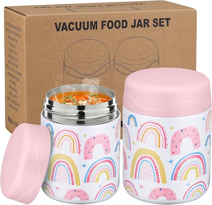 12oz 2 Pack Insulated Food Jar Set for Kids Soup Thermo Hot Food Lunch Container Wide Mouth Leak Proof Stainless Steel Vacuum Bento Box for School Office Travel Outdoors