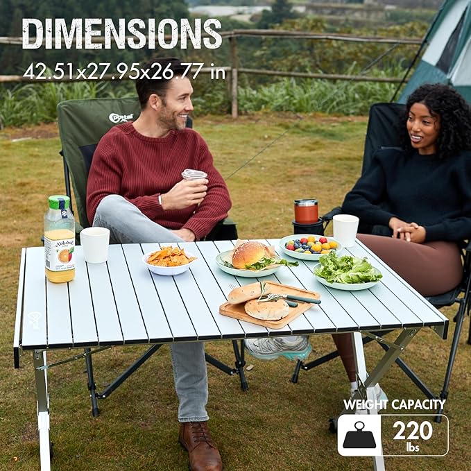 PORTAL Folding Outdoor Camping Table with Adjustable Height, Aluminum Roll-Up Top and Carry Bag, Big Large Portable Tables for Picnic, BBQ and Tailgating, Silver