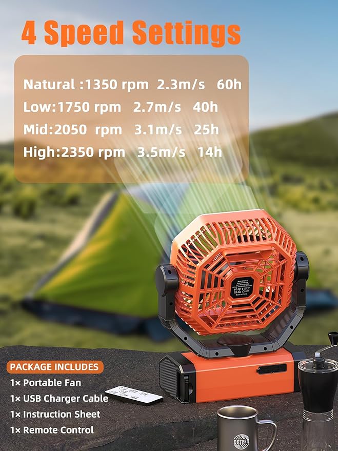 Battery Powered Fan - 9-Inch Rechargeable Fan Portable, 20000mAh(60Hrs) Camping Fans for Tent, Auto Oscillation Cordless, Tent Fans for Camping with Remote/light, 4 Speeds, 4 Timing, Outdoor