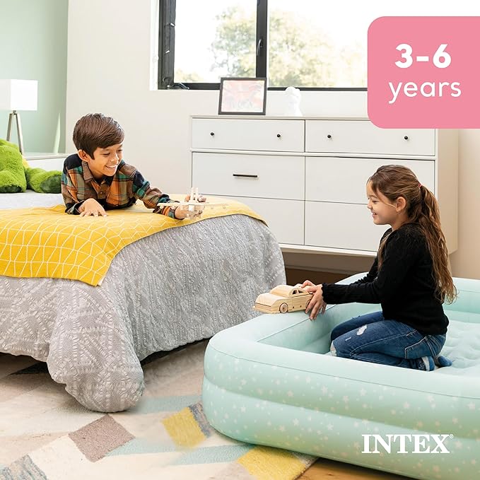 Intex Kids Travel Air Mattress Inflatable Bed with Raised Sides and Hand Pump - Portable Blow-Up Toddler Traveler Bed for Children's Naps or Sleep