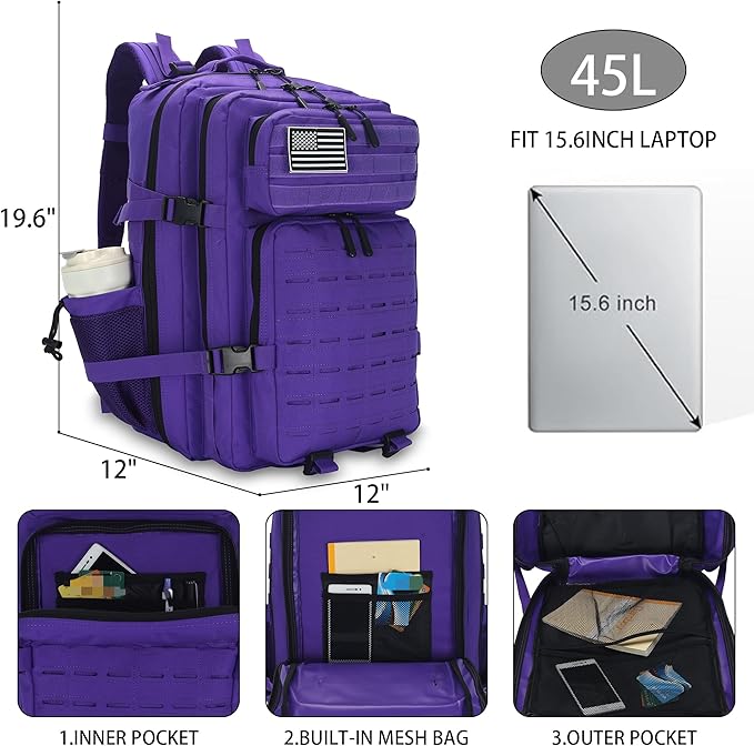 Sparklekle Military Tactical Backpack 45L 3 Day Assault Pack Waterproof Molle Hiking Rucksack for Men&Women (Purple)