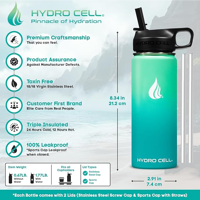 HYDRO CELL Stainless Steel Insulated Water Bottle with Straw - For Cold & Hot Drinks - Metal Vacuum Flask with Screw Cap and Modern Leakproof Sport Thermos for Adults (Mint/Green 18oz)
