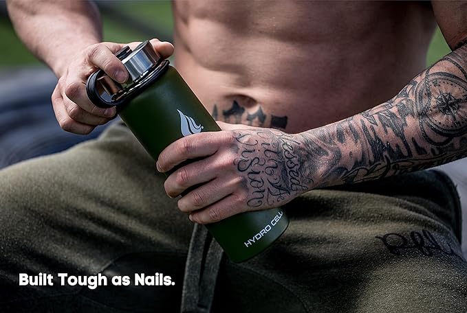 HYDRO CELL Stainless Steel Insulated Water Bottle with Straw - For Cold & Hot Drinks - Metal Vacuum Flask with Screw Cap and Modern Leakproof Sport Thermos for Adults (Army 24oz)