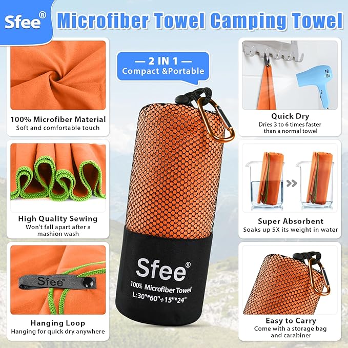 Sfee 2 Pack Microfiber Travel Towel, Quick Dry Towel Camping Towel Beach Towel Super Absorbent Compact Lightweight Sports Gym Towels Set for Beach, Gym, Hiking, Pool, Backpacking, Bath, Yoga