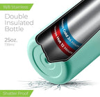 SipX™ Triple-Insulated Stainless Steel Water Bottle 25oz. With 3 Lids, BPA-Free Reusable Insulated Water Bottle Keeps Cold 24 Hours, (Gradiant Mint Pink)