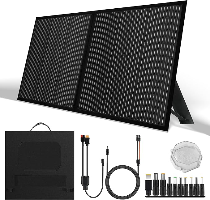 Portable 100 Watt 12V Foldable Solar Panel with Adjustable Kickstands and Waterproof IP65 Design for Power Station, Travel, Outdoor Camping, RVs, and Off-Grid Applications