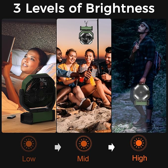 Camping Fan with Light - 20000mAh Rechargeable Battery Fan, 112Hrs Max Run Time, 8 Speeds, Digital Display, Timer, Auto Oscillation, 270° Pivot & Hook for Camping, Power Outage, Hurricane (Army Green)