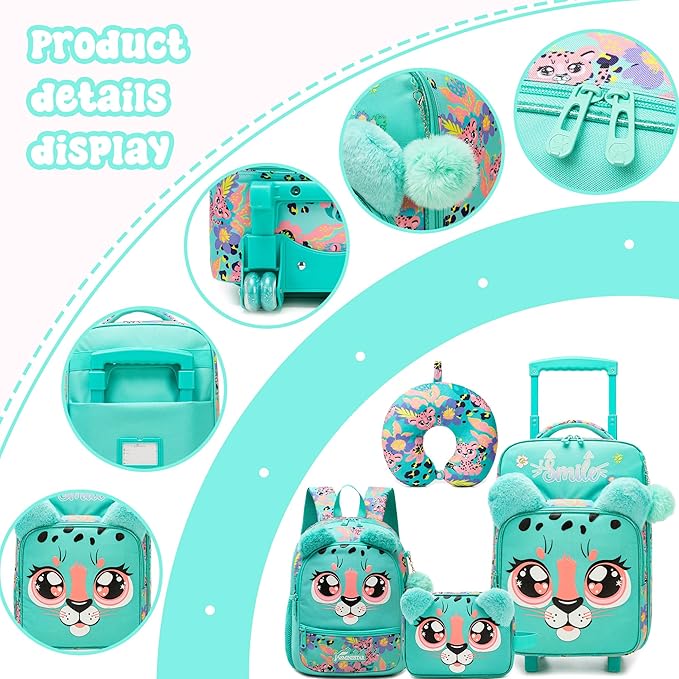 Kids Carry On Luggage with Wheels Softside Kids Suitcase for Girls Airline Approved & Girls Multi-function Carry Bag 4pcs Set