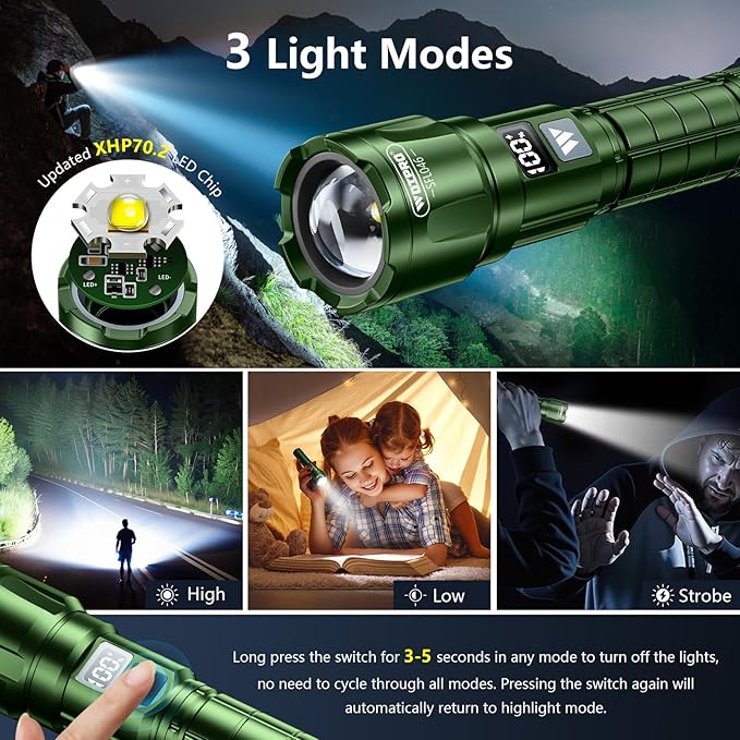 WdtPro LED Rechargeable Flashlight 2 Pack, Super Bright Zoomable 6000 Lumens Tactical Flashlight with LCD Digital Display, 3 Mode Waterproof Flash Light for Camping, Hunting & Home Emergency - Green