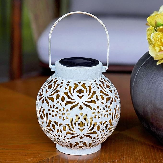 Outdoor Solar Hanging Lantern Lights Metal LED Decorative Lamp for Garden Patio Courtyard Lawn and Table with Hollowed-Out Design (White)