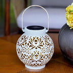 Outdoor Solar Hanging Lantern Lights Metal LED Decorative Lamp for Garden Patio Courtyard Lawn and Table with Hollowed-Out Design (White)
