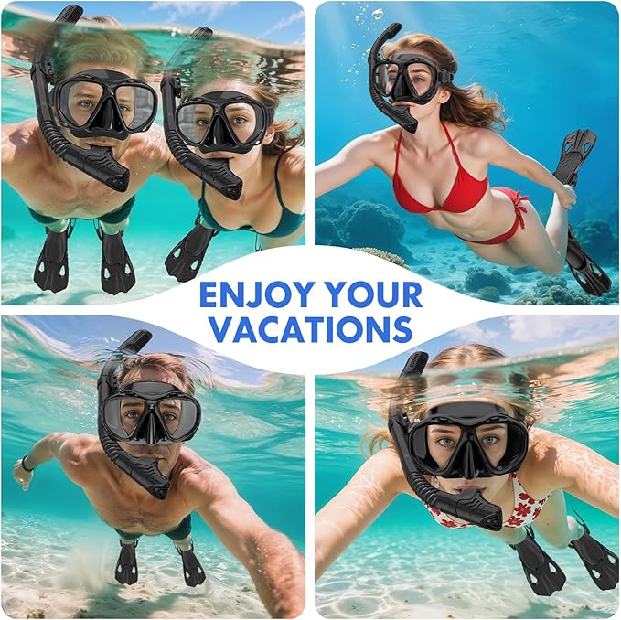 Snorkeling Gear for Adults Men Women, 3 in 1 Snorkel Set with Panoramic View Diving Mask Anti-Fog Anti-Leak, Snorkel Mask Dry Top Snorkel Fins for Swimming, Snorkeling and Travel Diving