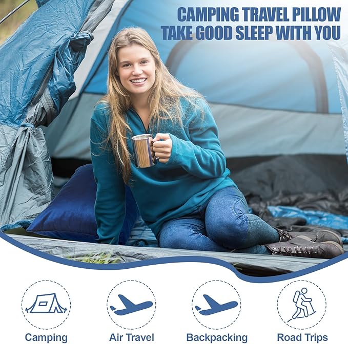 2 Pack Camping Pillow for Sleeping Shredded Memory Foam Travel Pillow with Storage Bag, Compressible Portable Pillow for Outdoor Camp Backpacking Hiking Essential Gear(Blue,Medium)