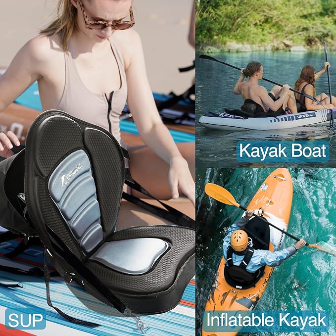 UPWELL Universal Kayak Seat with Detachable Storage Bag & 4 Adjustable Strap, Paddle Board Seat with Memory Foam Padded and Backrest for Kayak, Canoe, Sup