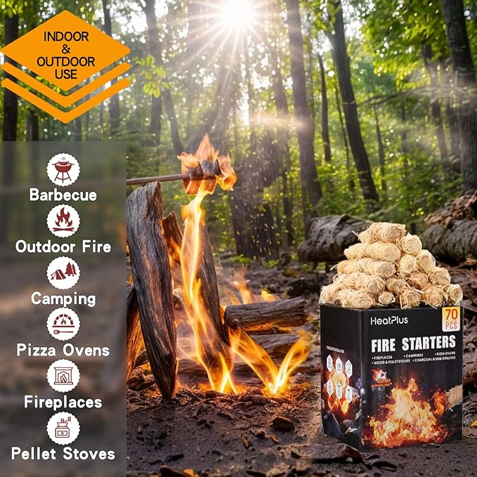Fire Starter -70 Pcs Fire Starters for Campfires, Fireplace, Grill, Wood & Pellet Stove, Fire Pit, BBQ, Survival, ooni Pizza Ovens, Water Resistant and Odorless Safe for Indoor/Outdoor Use