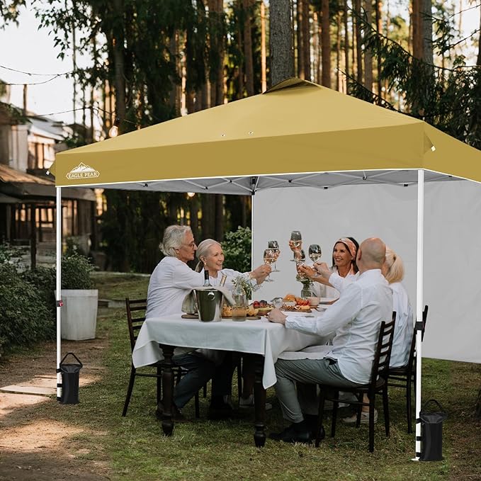 EAGLE PEAK Pop Up Canopy Tent with 1 Sidewall, Easy Setup Event Tent, Outdoor Sun Shade, Wheeled Carry Bag, Stakes and Guy Ropes, Instant Canopy 12x12, Beige
